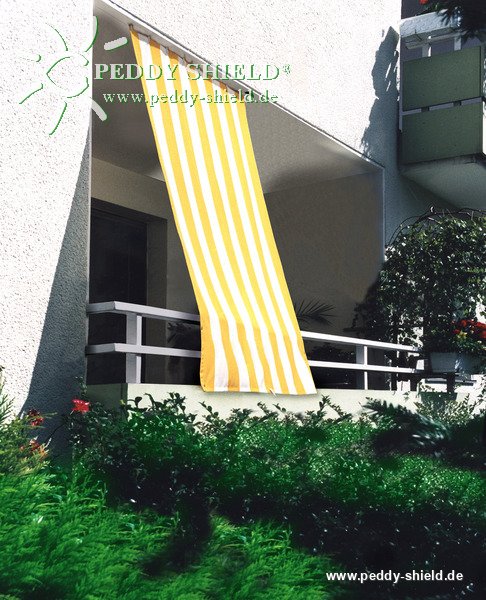Senkrecht-Sonnensegel 230 x 140 cm - Blockstreifen gelb-weiß - komplett mit der Seilspanntechnik Universal (3,5 m Edelstahlseil)